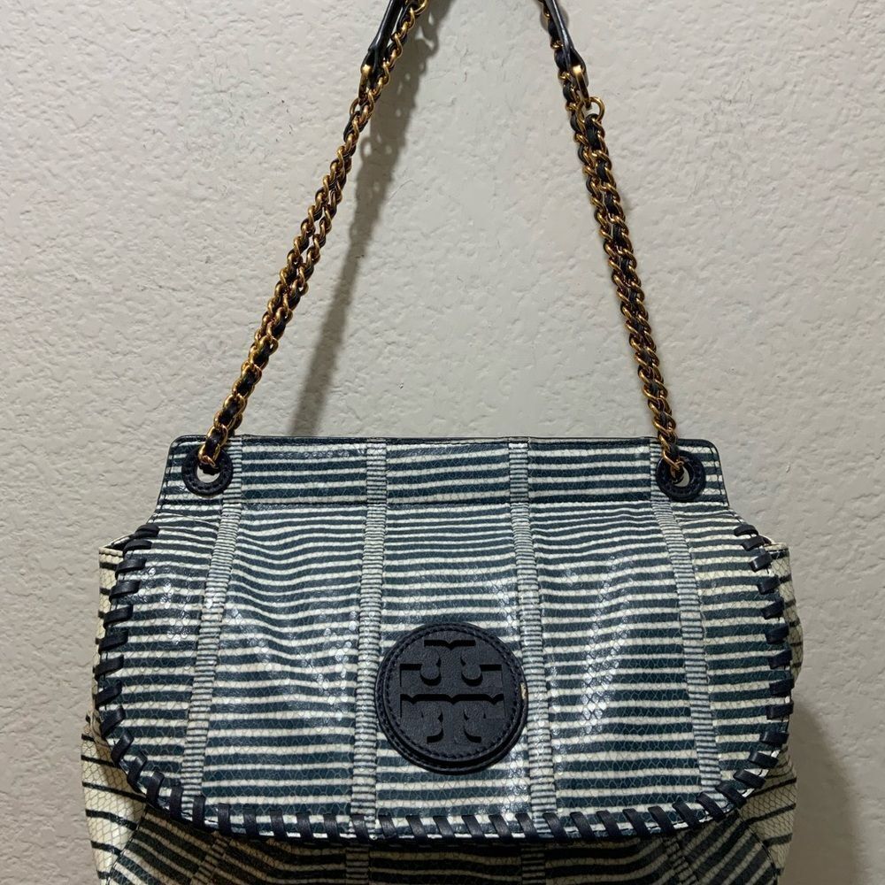TORY BURCH MARION PATCHWORK SADDLEBAG Blue white liknew - Picture 9 of 16